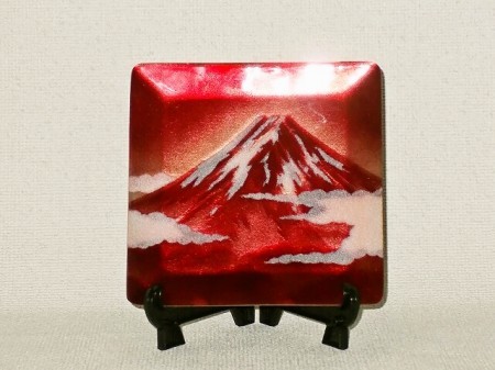 七宝焼　飾皿　4×4　赤富士
