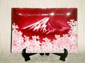 七宝焼　飾皿　5×7赤富士桜