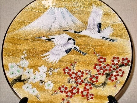 七宝焼　飾皿　9丸梅に富士鶴