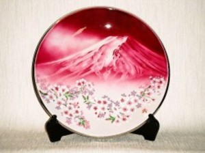 七宝焼　飾皿　12丸赤富士桜