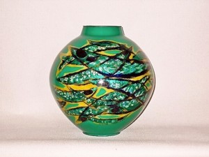 七宝焼　花瓶　9号玉型　ヒスイ地　魚紋